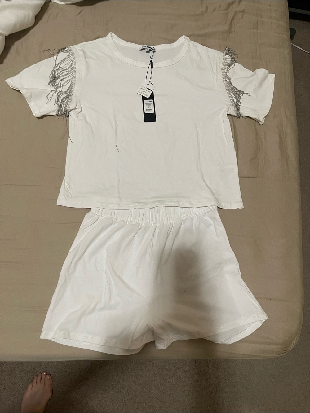 Fashion Nova White Fringe Sleeve Pajama Set - Tee & Shorts